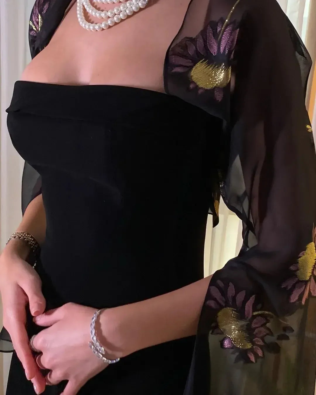 Elegant A-Line Square-Neck Sheer Embroidered Chiffon Black Maxi Evening Dress for Women
