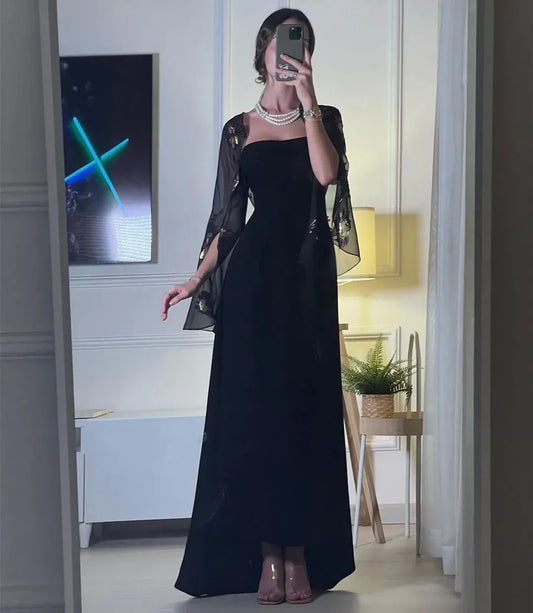 Elegant A-Line Square-Neck Sheer Embroidered Chiffon Black Maxi Evening Dress for Women