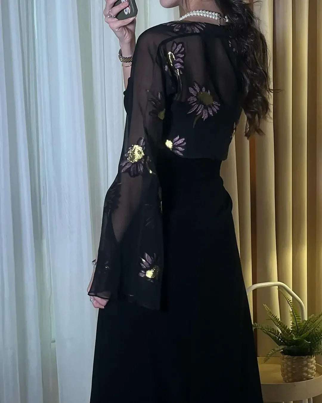 Elegant A-Line Square-Neck Sheer Embroidered Chiffon Black Maxi Evening Dress for Women
