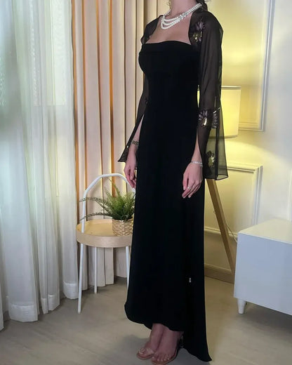 Elegant A-Line Square-Neck Sheer Embroidered Chiffon Black Maxi Evening Dress for Women