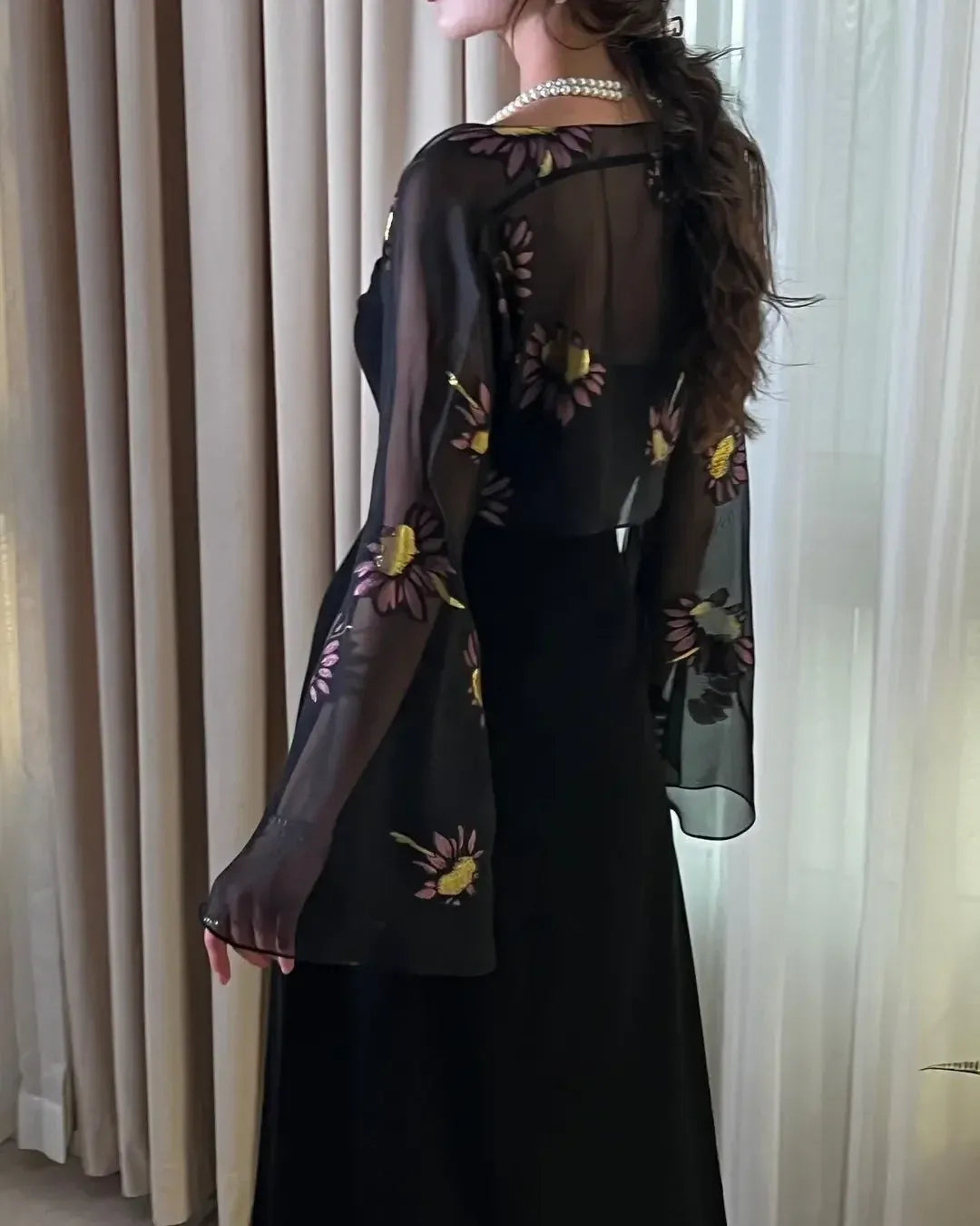 Elegant A-Line Square-Neck Sheer Embroidered Chiffon Black Maxi Evening Dress for Women