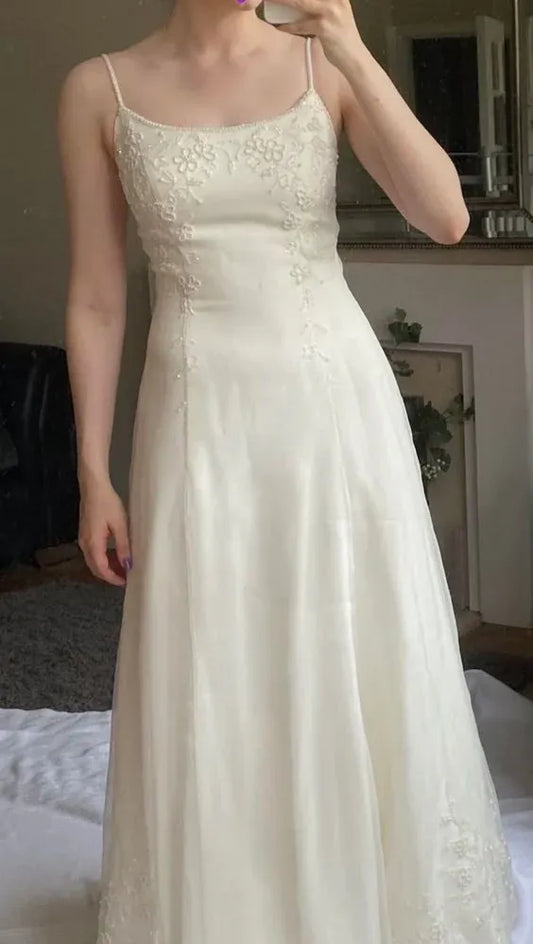 Elegant A-Line Square-Neck Sleeveless Beaded Chiffon Ivory Floor-Length Evening Dress for Women
