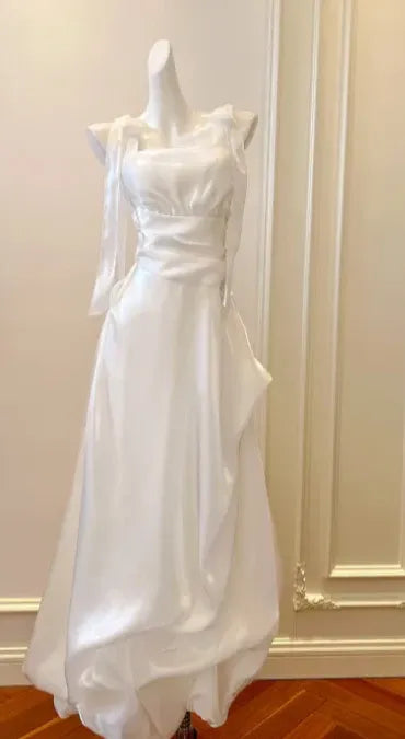 Elegant A-Line Square-Neck Sleeveless Lace-Up White Long Prom Dress for Women For Sale