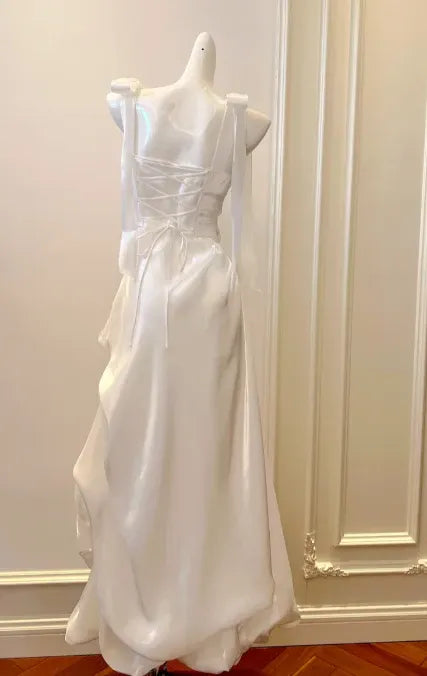 Elegant A-Line Square-Neck Sleeveless Lace-Up White Long Prom Dress for Women For Sale