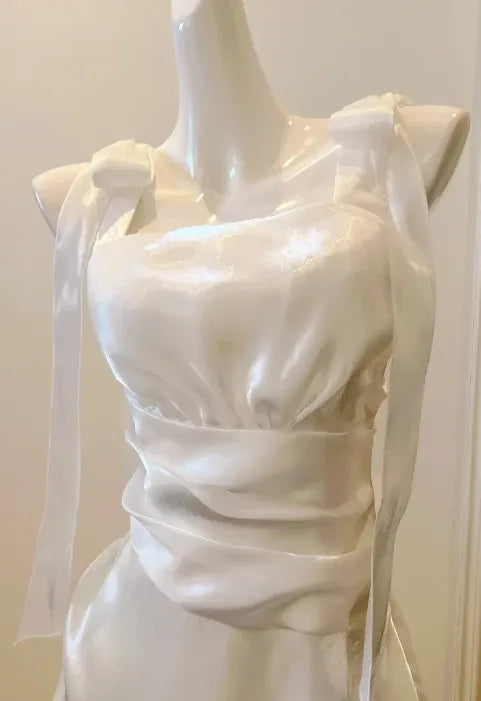 Elegant A-Line Square-Neck Sleeveless Lace-Up White Long Prom Dress for Women For Sale