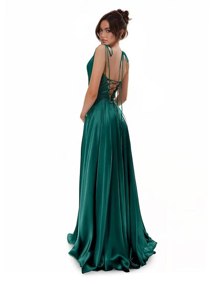 Elegant A-Line Square-Neck Tie-Strap Lace-Up Back Floor-Length Evening Dress
