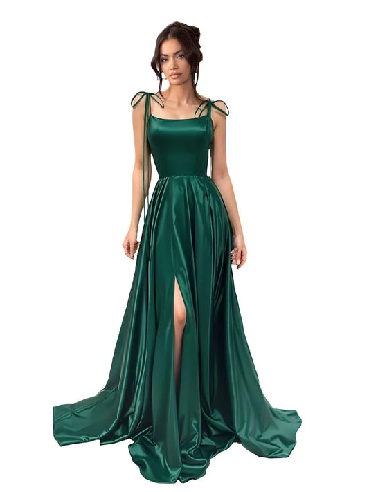 Elegant A-Line Square-Neck Tie-Strap Lace-Up Back Floor-Length Evening Dress