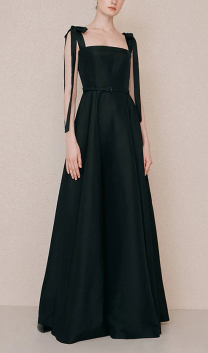 Elegant A-Line Square Neck Bow-Strap Black Floor Length Prom Dress With Belt