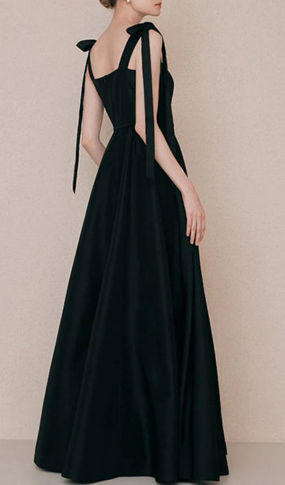 Elegant A-Line Square Neck Bow-Strap Black Floor Length Prom Dress With Belt