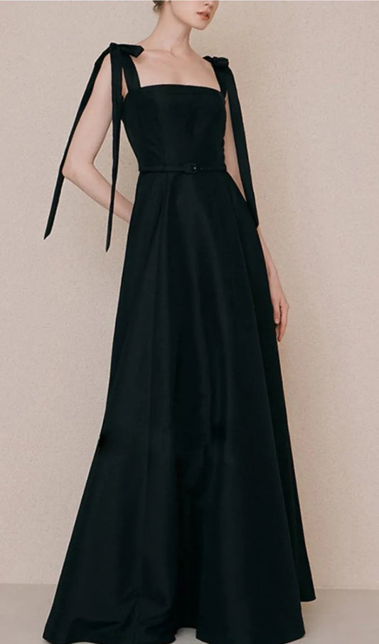 Elegant A-Line Square Neck Bow-Strap Black Floor Length Prom Dress With Belt
