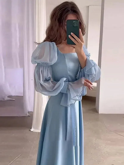 Elegant A-Line Square Neck Puff Sleeve Ruffle Light Blue Floor-Length Prom Dress for Women