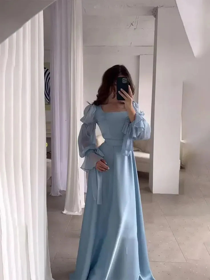 Elegant A-Line Square Neck Puff Sleeve Ruffle Light Blue Floor-Length Prom Dress for Women