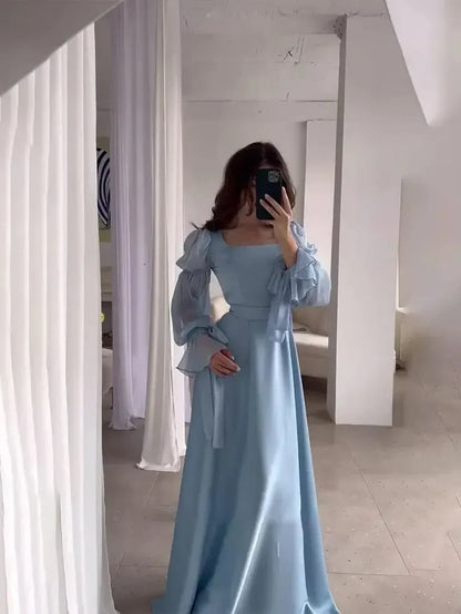 Elegant A-Line Square Neck Puff Sleeve Ruffle Light Blue Floor-Length Prom Dress for Women