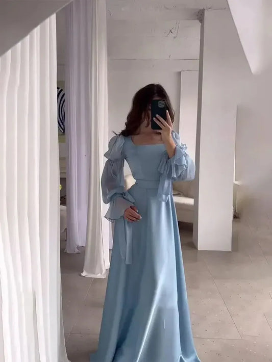 Elegant A-Line Square Neck Puff Sleeve Ruffle Light Blue Floor-Length Prom Dress