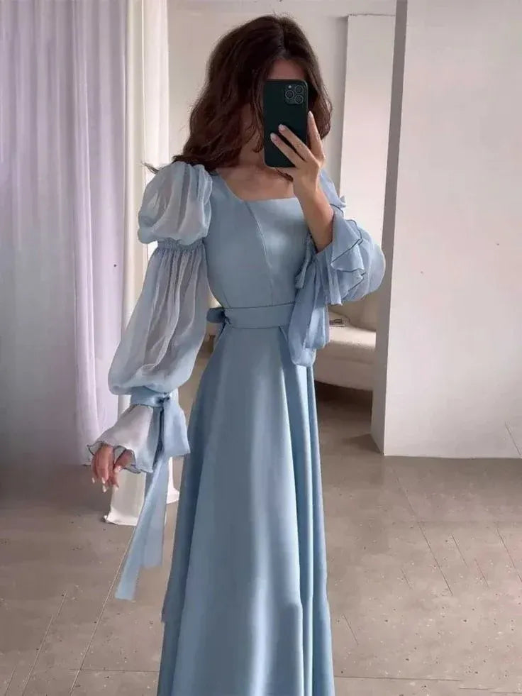 Elegant A-Line Square Neck Puff Sleeve Ruffle Light Blue Floor-Length Prom Dress for Women