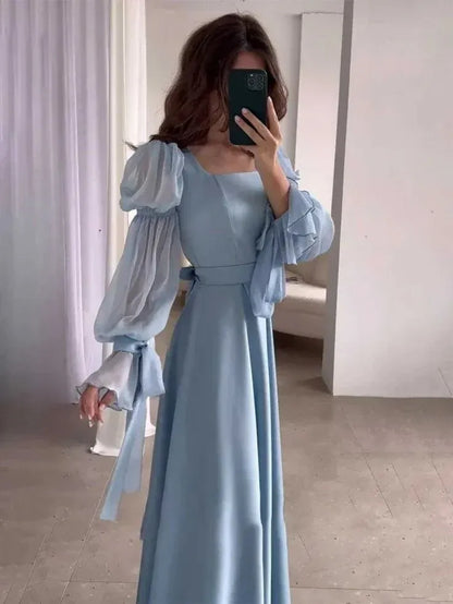 Elegant A-Line Square Neck Puff Sleeve Ruffle Light Blue Floor-Length Prom Dress for Women