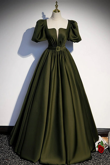 Elegant A-Line Square Neck Short Sleeve Lace Up Floor-Length Prom Dress