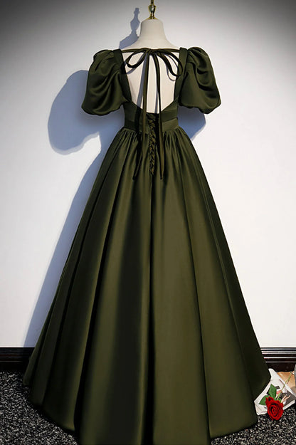 Elegant A-Line Square Neck Short Sleeve Lace Up Floor-Length Prom Dress
