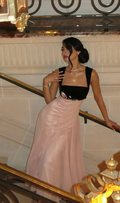 Elegant A-Line Square Neck Sleeveless Sparkle Chiffon Floor-Length Prom Dress