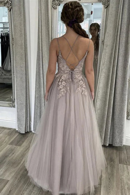 Elegant A-Line Square Neck Spaghetti Strap Lace Dusty Grey Prom Dress