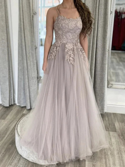 Elegant A-Line Square Neck Spaghetti Strap Lace Dusty Grey Prom Dress
