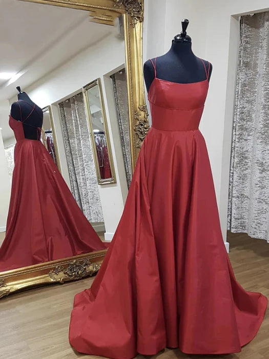 Elegant A-Line Square Neck Spaghetti Strap Satin Red Floor-Length Prom Dress