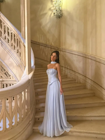 Elegant A-Line Strapless Convertible Light Blue Floor-Length Prom Dresses