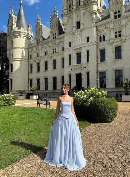 Elegant A-Line Strapless Convertible Light Blue Floor-Length Prom Dresses