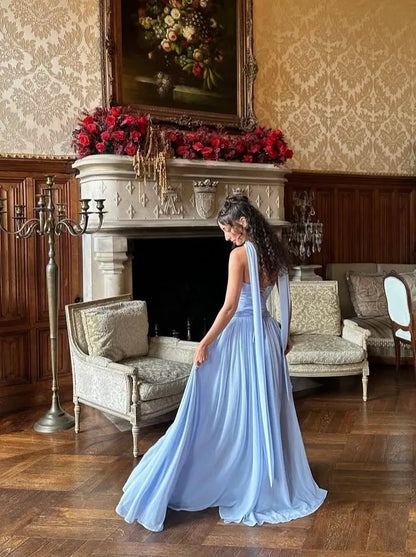 Elegant A-Line Strapless Convertible Light Blue Floor-Length Prom Dresses