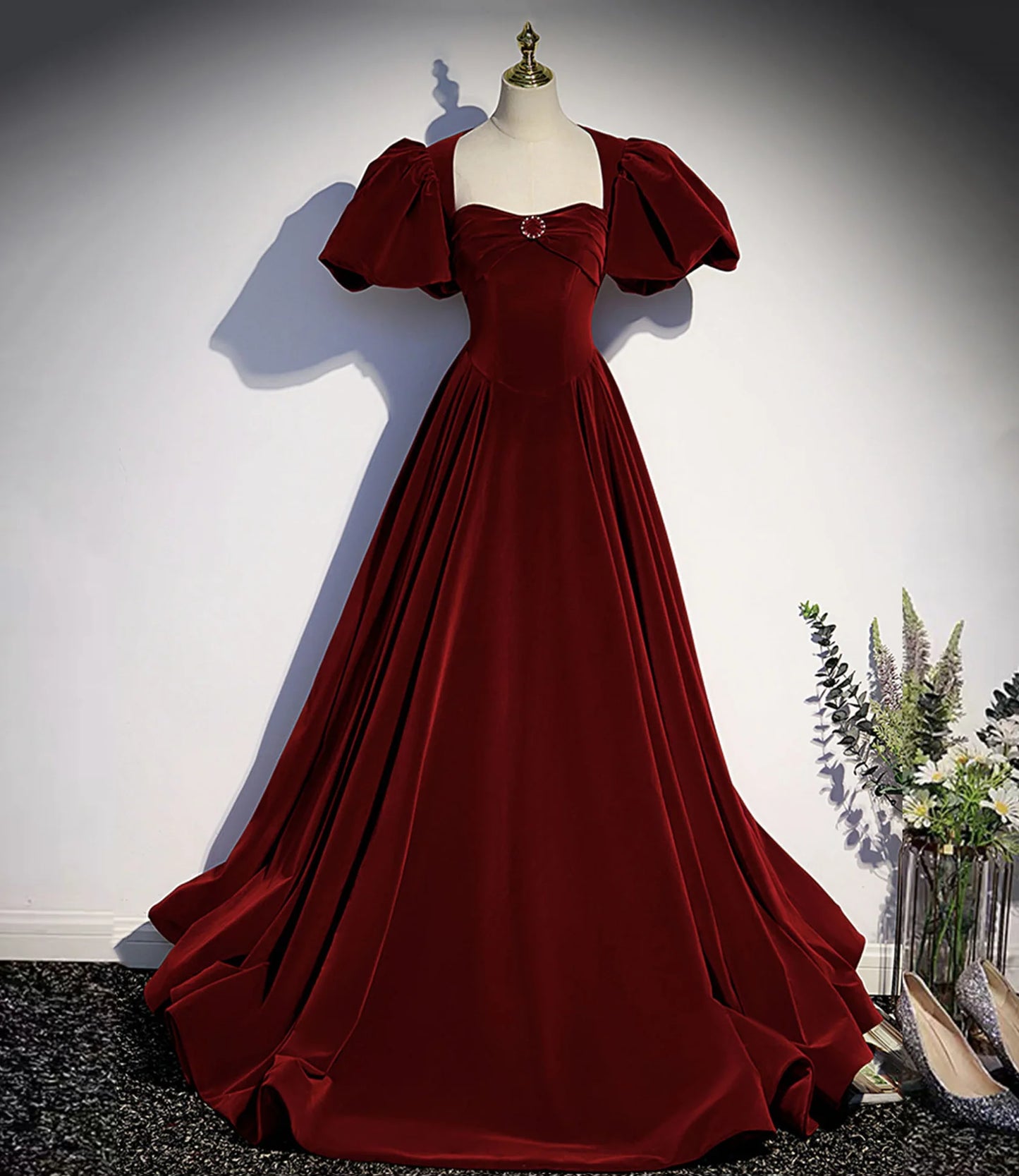 Elegant A-Line Strapless Short Sleeve Lace Up Sweep/Brush Train Prom Dress