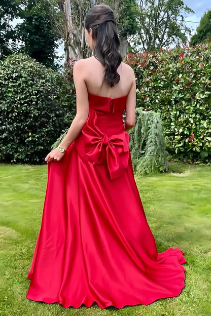 Elegant A-Line Strapless Sleeveless Backless Satin Floor-Length Prom Dress