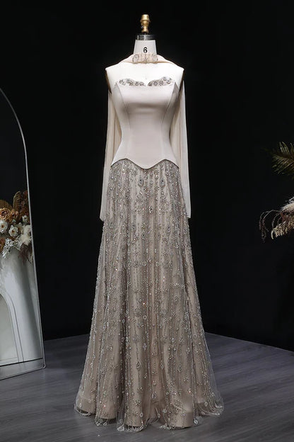 Elegant A-Line Strapless Sleeveless Beaded Floor-Length Party Dress