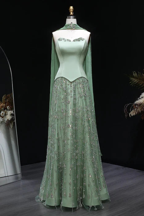 Elegant A-Line Strapless Sleeveless Beaded Floor-Length Party Dress