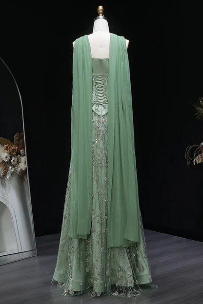 Elegant A-Line Strapless Sleeveless Beaded Floor-Length Party Dress