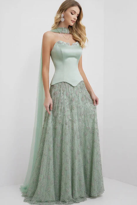 Elegant A-Line Strapless Sleeveless Beaded Floor-Length Party Dress