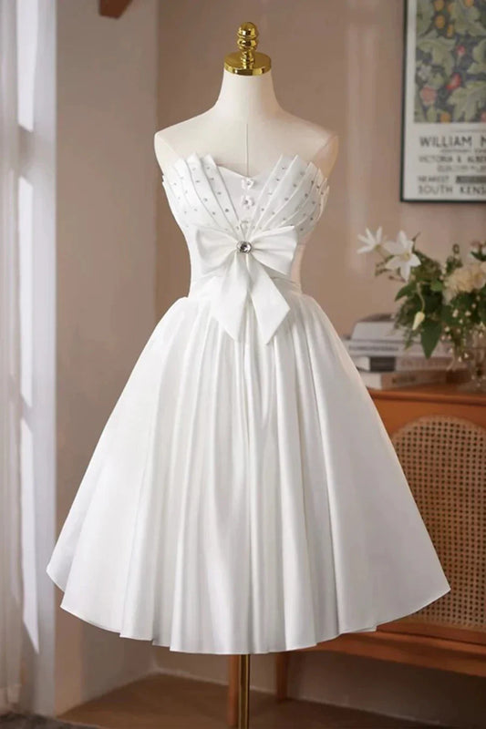 Elegant A-Line Strapless Sleeveless Crisscross Back Tea-Length Homecoming Dress for ladies