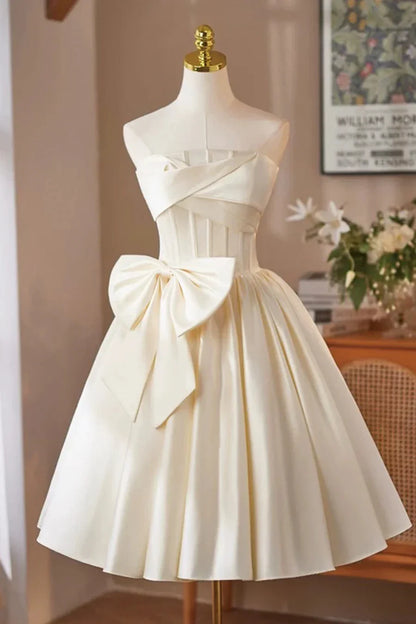 Elegant A-Line Strapless Sleeveless Crisscross Back Tea-Length Homecoming Dress for women