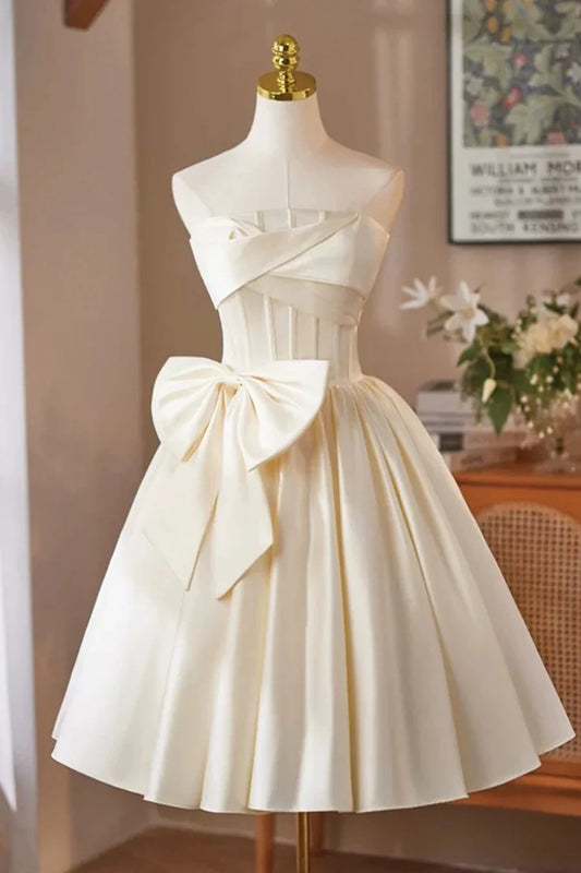 Elegant A-Line Strapless Sleeveless Crisscross Back Tea-Length Homecoming Dress for women