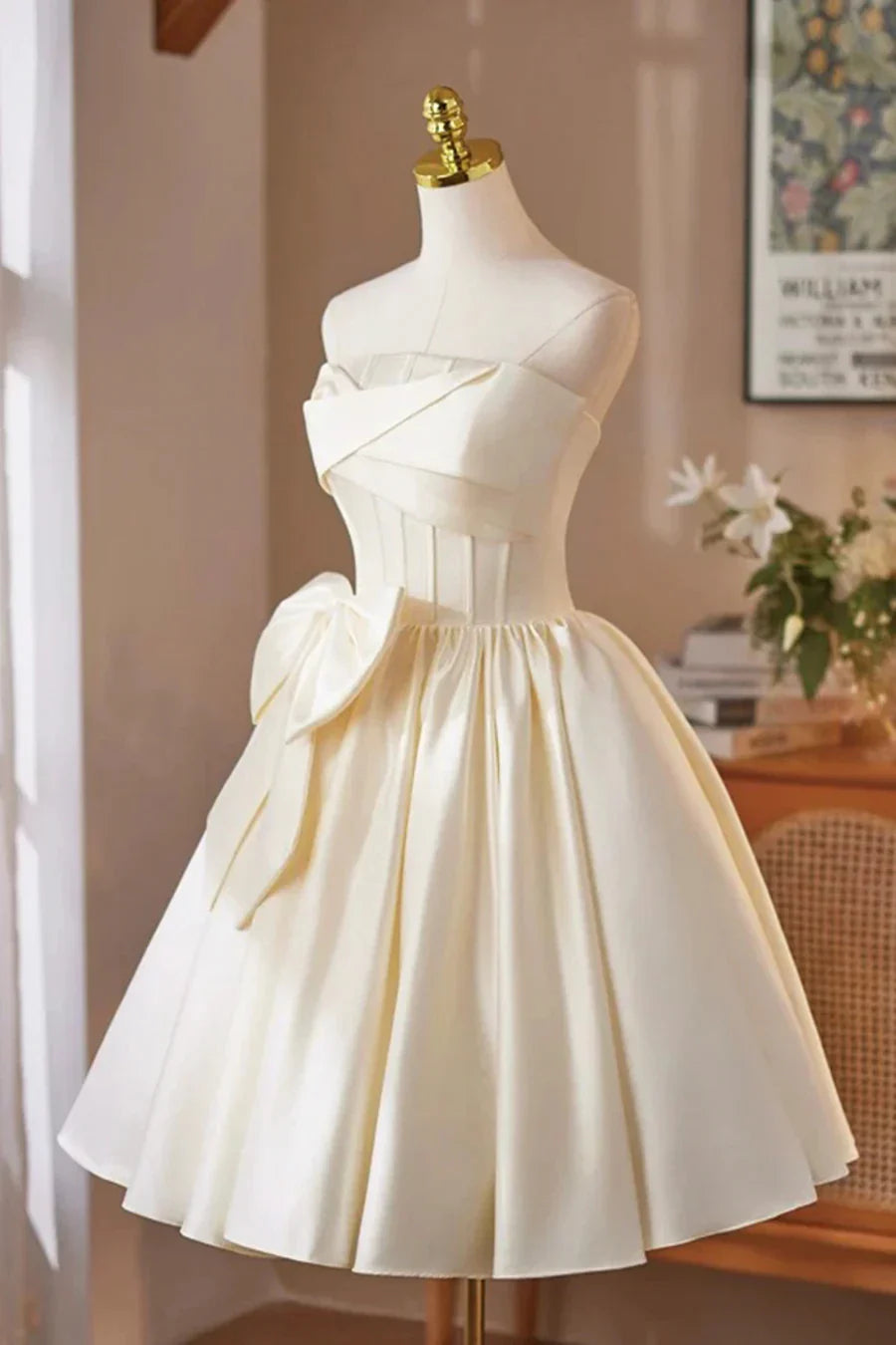 Elegant A-Line Strapless Sleeveless Crisscross Back Tea-Length Homecoming Dress for women
