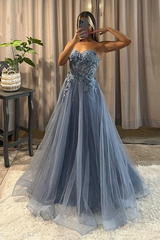 Elegant A-Line Strapless Sleeveless Lace Up Floor-Length Prom Dress