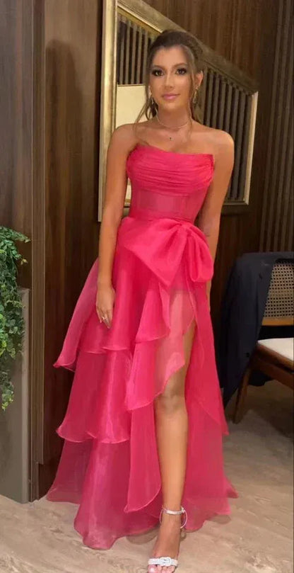 Elegant A-Line Strapless Sleeveless Organza Floor-Length Prom Dress
