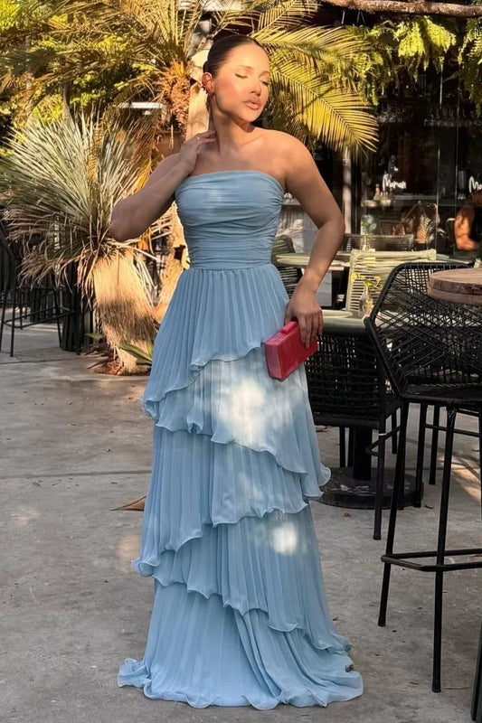 Elegant A-Line Strapless Tiered Ruffle Pleated Dusty Blue Floor-Length Prom Dress