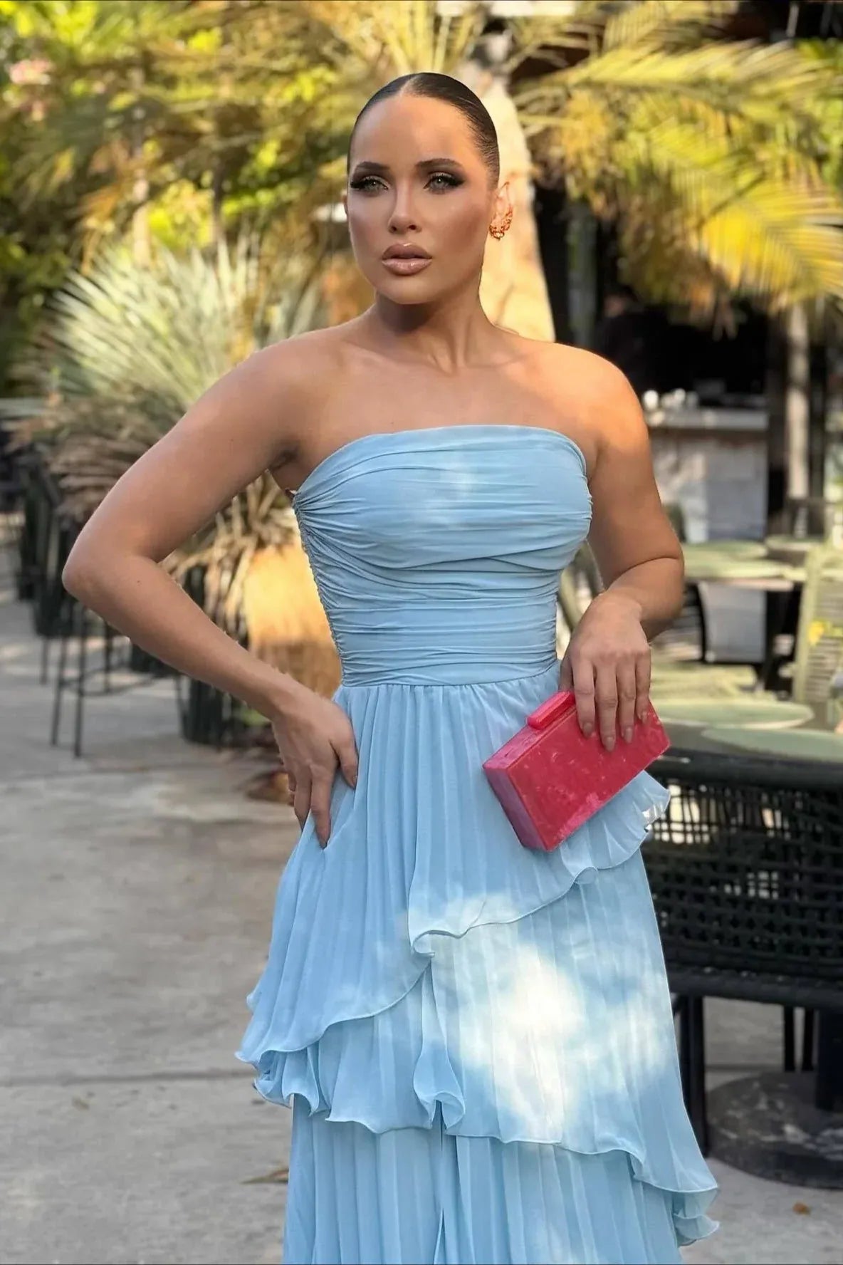 Elegant A-Line Strapless Tiered Ruffle Pleated Dusty Blue Floor-Length Prom Dress