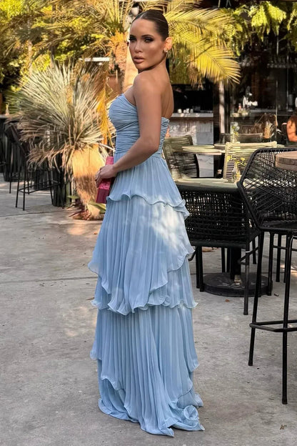 Elegant A-Line Strapless Tiered Ruffle Pleated Dusty Blue Floor-Length Prom Dress