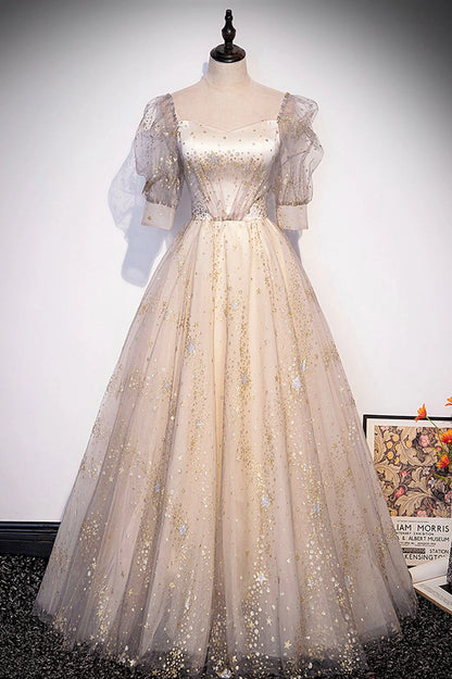 Elegant A-Line Sweetheart 1/2 Sleeve Lace Up Floor-Length Prom Dress