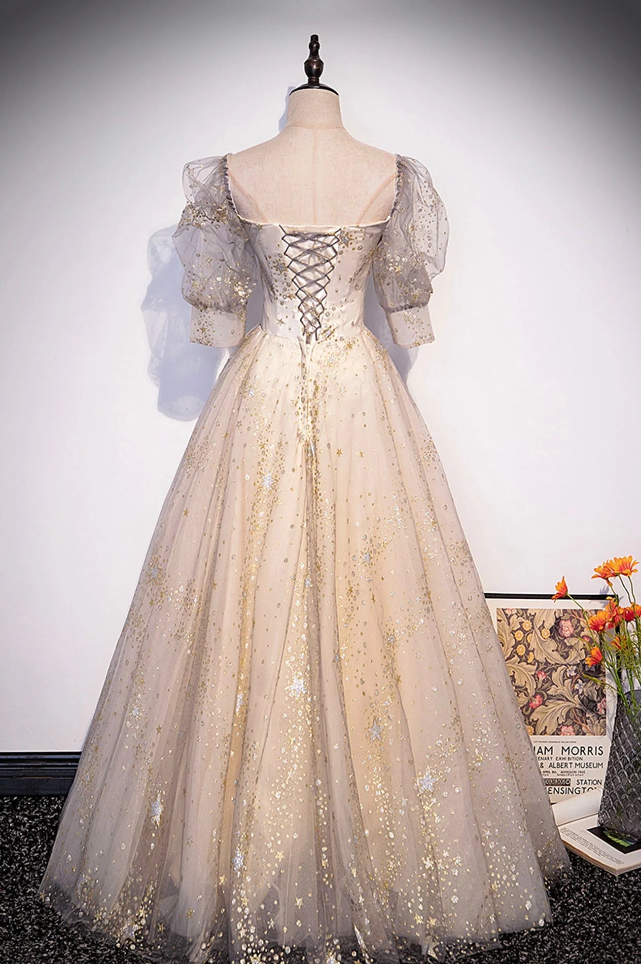 Elegant A-Line Sweetheart 1/2 Sleeve Lace Up Floor-Length Prom Dress