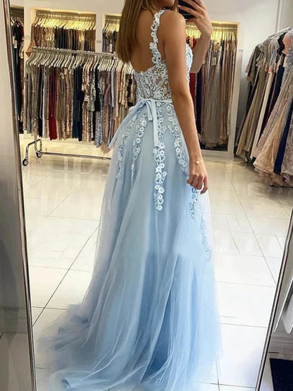 Elegant A-Line Sweetheart Lace Strap Sky Blue Floor-Length Prom Dress