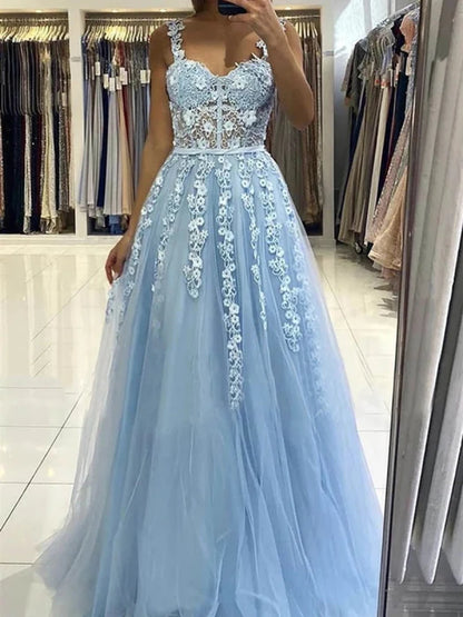 Elegant A-Line Sweetheart Lace Strap Sky Blue Floor-Length Prom Dress
