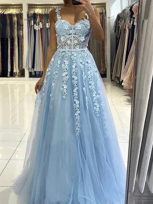 Elegant A-Line Sweetheart Lace Strap Sky Blue Floor-Length Prom Dress