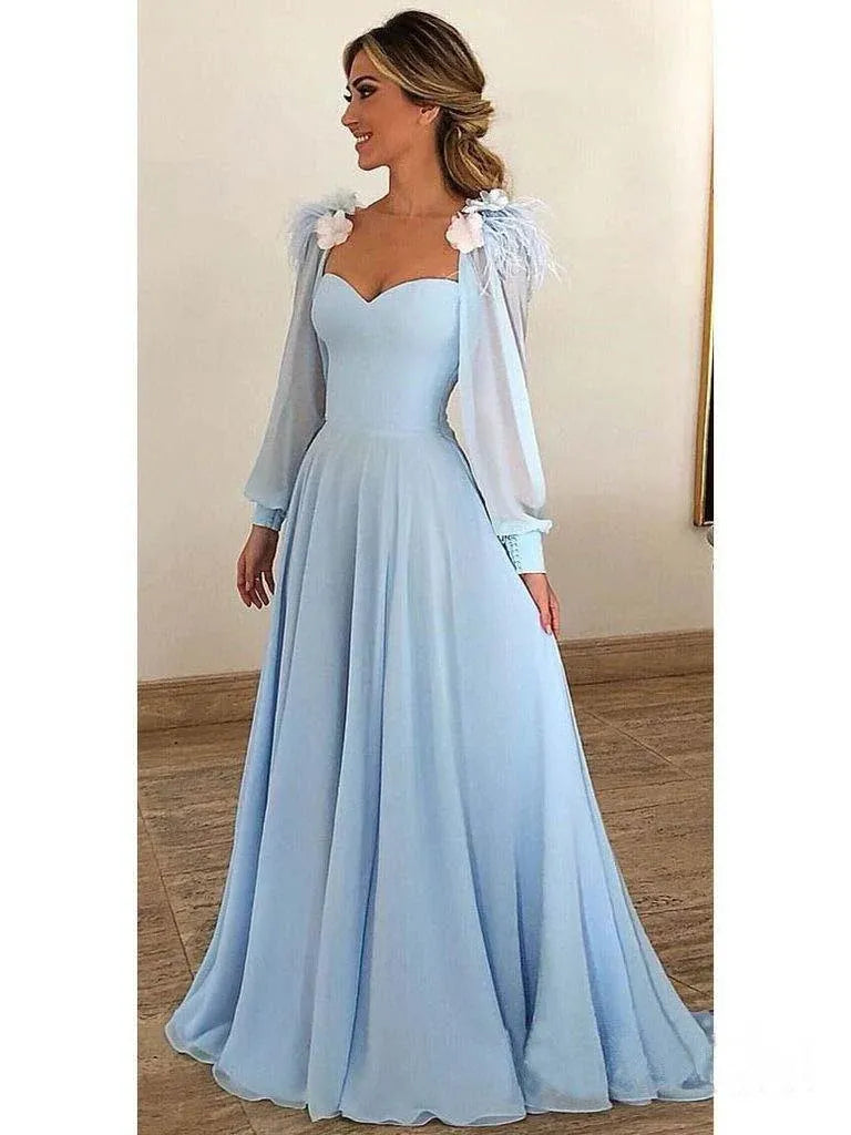 Elegant A-Line Sweetheart Long Sleeve Chiffon Sweep/Brush Train Prom Dress